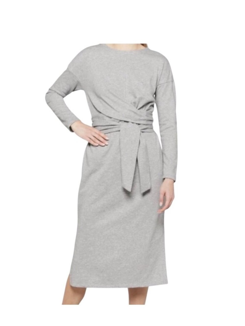 Modern Citizen Audrey Tie-Front Terry Midi Dress Heathered Gray Size M Neutral